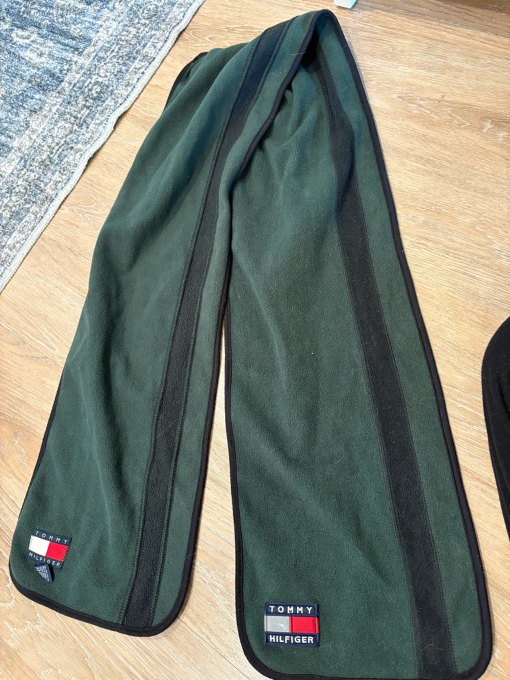 Tommy Hilfiger Green and Black Striped Fleece Scarf